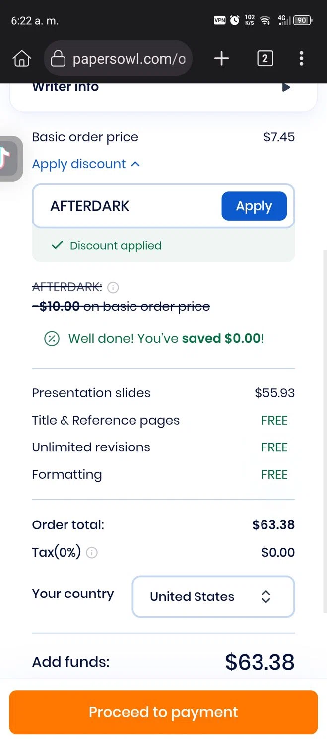 Papersowl promo code screenshot showing code AFTERDARK applied at Papersowl checkout page. Uploaded by SimplyCodes community member Thorfinn on Sep 20, 2025
