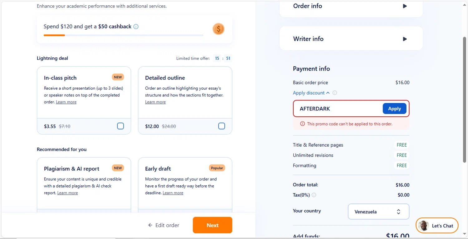 Papersowl promo code screenshot showing code AFTERDARK applied at Papersowl checkout page. Uploaded by SimplyCodes community member MagnificentVirtuoso8433 on Nov 16, 2025
