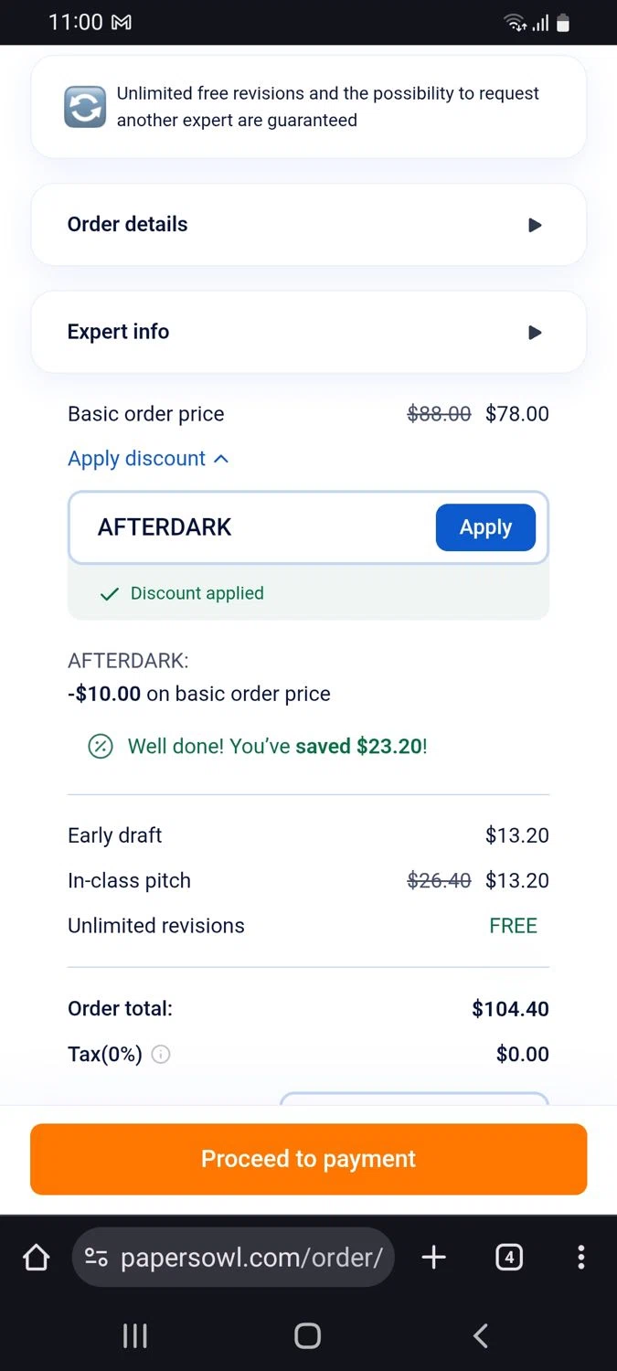 Papersowl promo code screenshot showing code AFTERDARK applied at Papersowl checkout page. Uploaded by SimplyCodes community member tulioriera on Oct 21, 2025