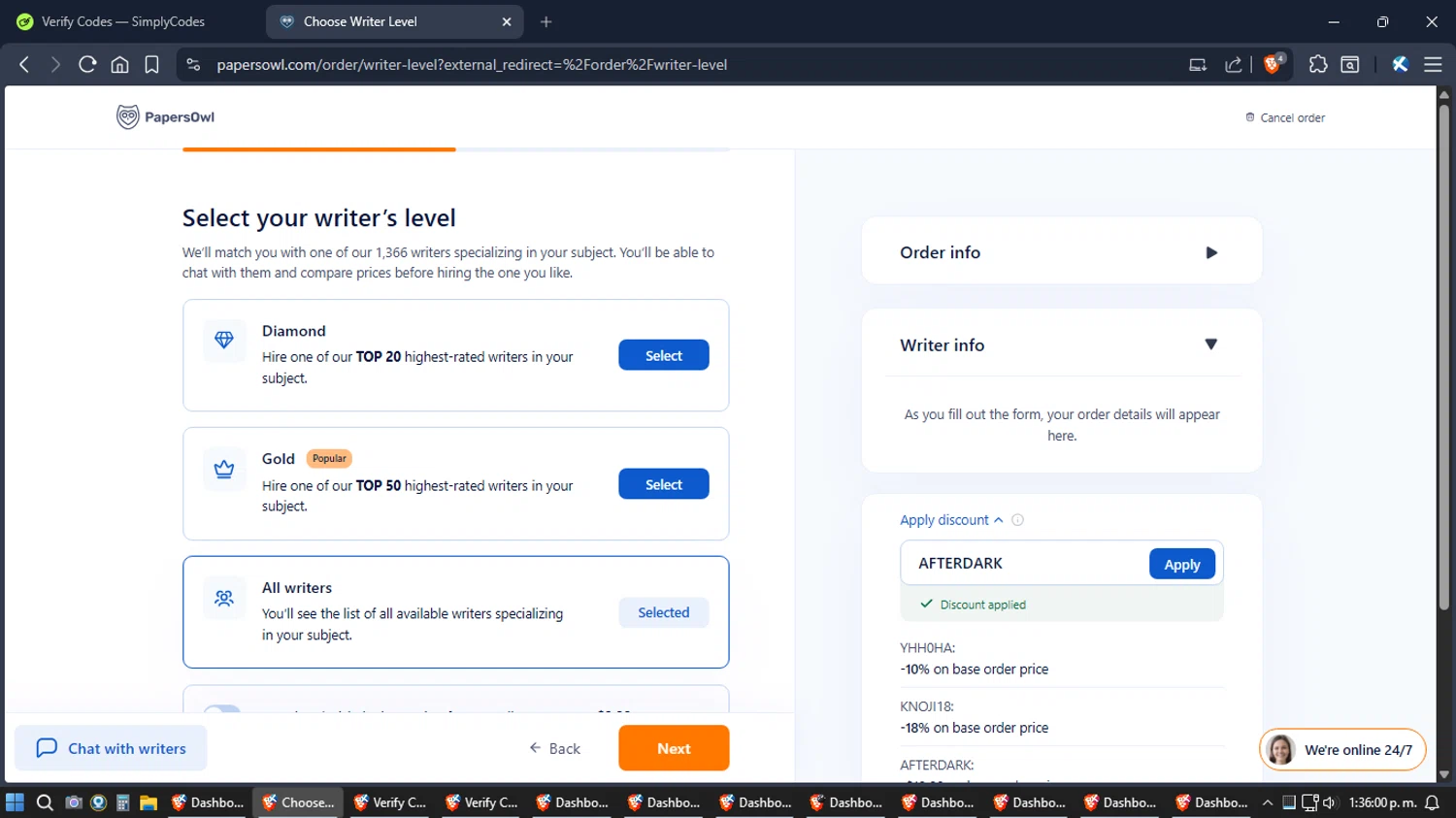 Papersowl checkout page showing Papersowl promo code box | Screenshot taken by SimplyCodes community member on Feb 18, 2026
