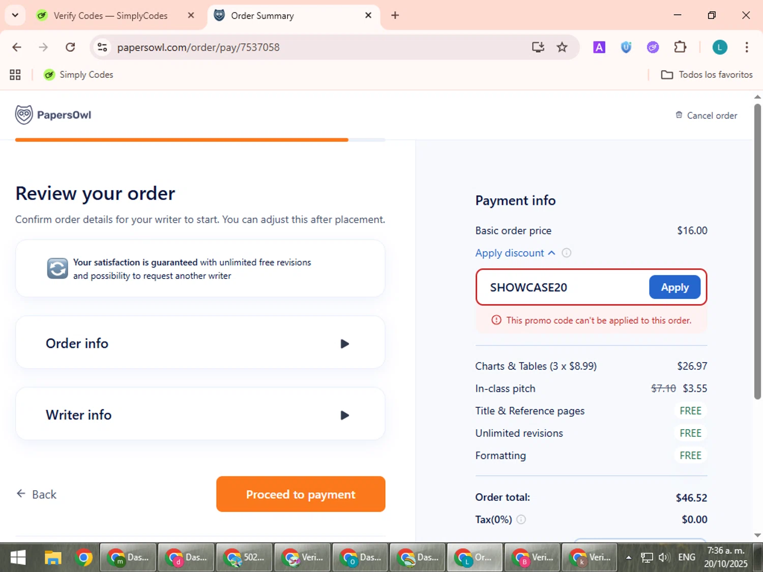 Papersowl promo code screenshot showing code SHOWCASE20 applied at Papersowl checkout page. Uploaded by SimplyCodes community member LuckyLegend792 on Oct 20, 2025