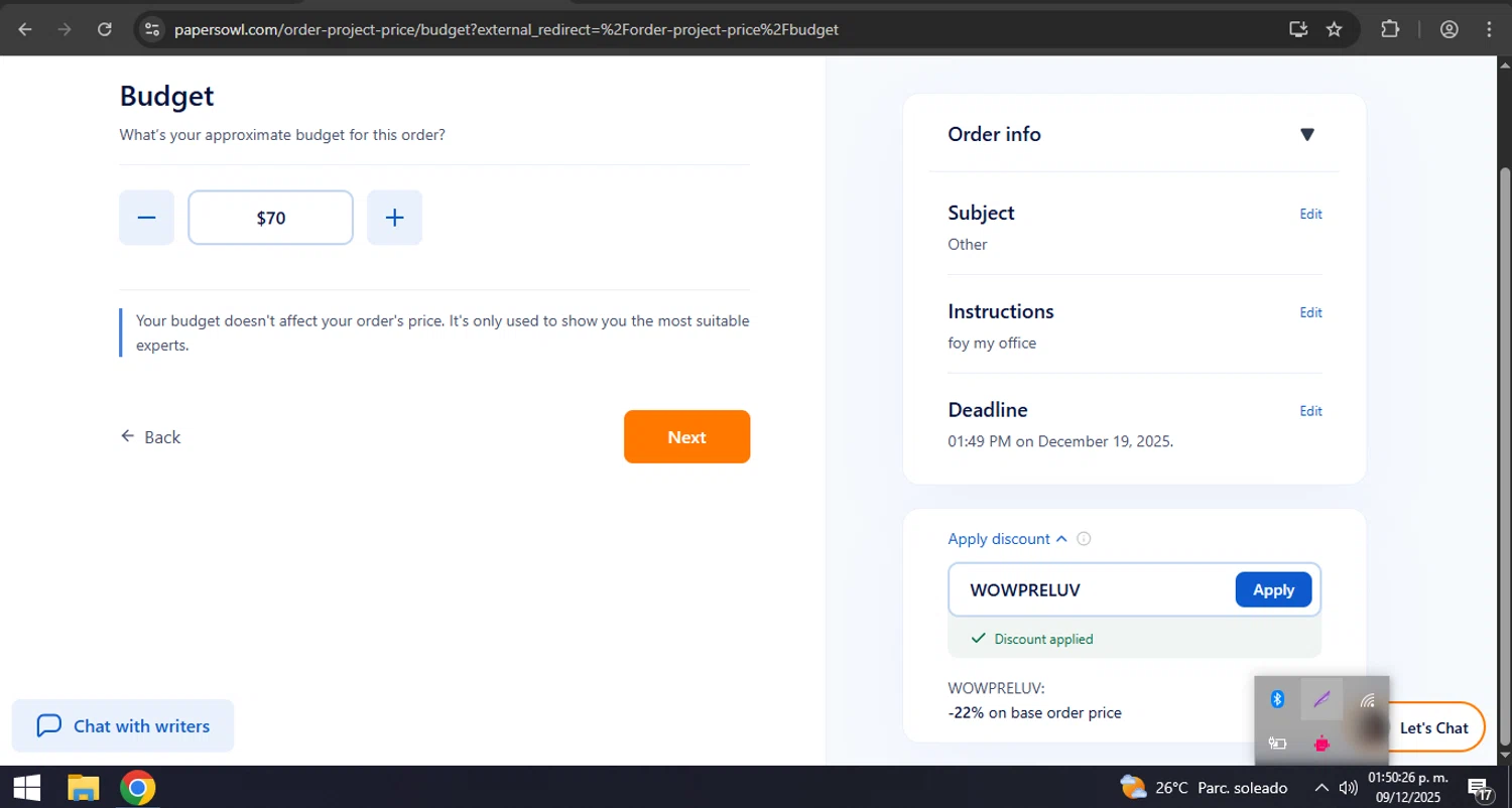 Papersowl promo code screenshot showing code WOWPRELUV applied at Papersowl checkout page. Uploaded by SimplyCodes community member coder_916642691 on Dec 9, 2025