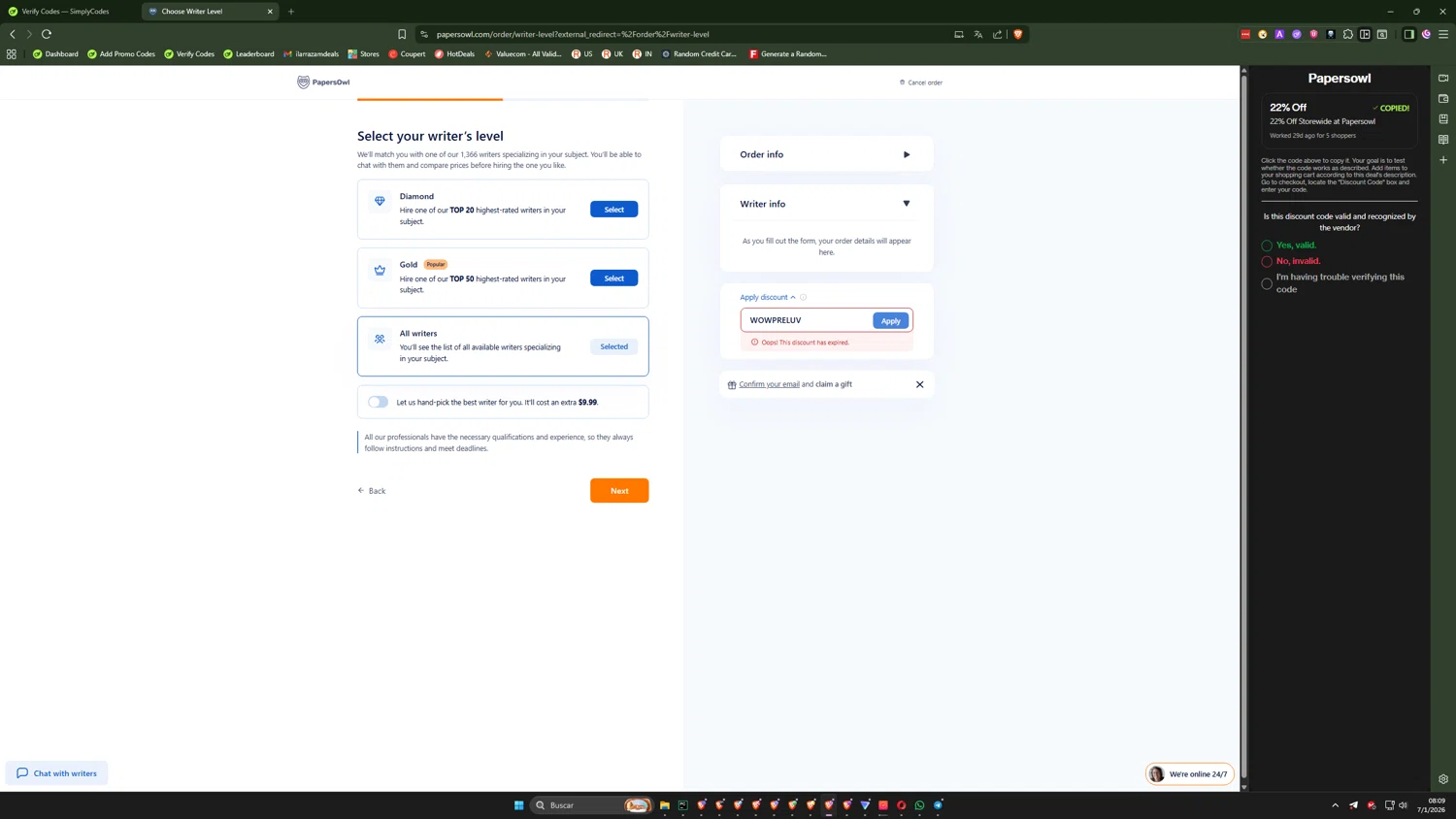 Papersowl promo code screenshot showing code WOWPRELUV applied at Papersowl checkout page. Uploaded by SimplyCodes community member CoreSeeker9184 on Jan 7, 2026