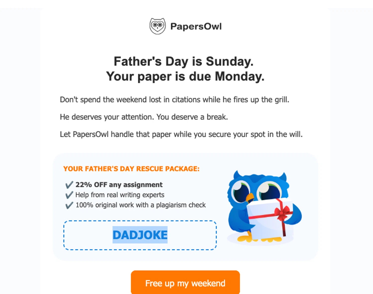 Papersowl promo code screenshot showing code DADJOKE applied at Papersowl checkout page. Uploaded by SimplyCodes community member ELOIN777 on Jun 19, 2026
