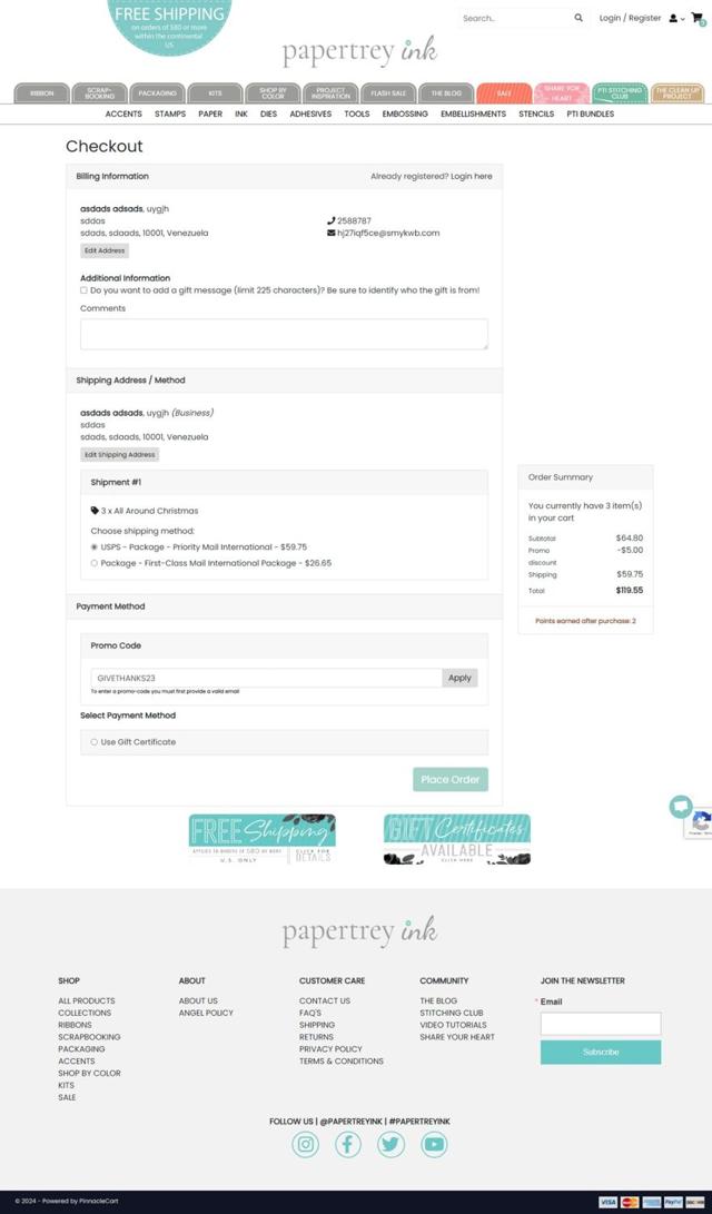 Papertrey Ink checkout page showing Papertrey Ink promo code box | Screenshot taken by SimplyCodes community member on Oct 15, 2024