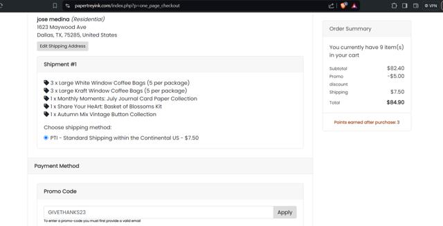 Papertrey Ink checkout page showing Papertrey Ink promo code box | Screenshot taken by SimplyCodes community member on Aug 3, 2024