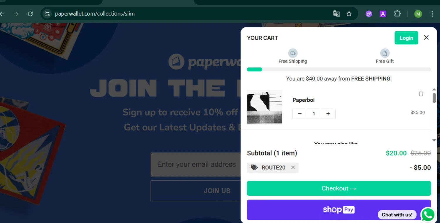 Paperwallet discount code screenshot showing code ROUTE20 applied at Paperwallet checkout page. Uploaded by SimplyCodes community member MARCVH on Sep 24, 2025