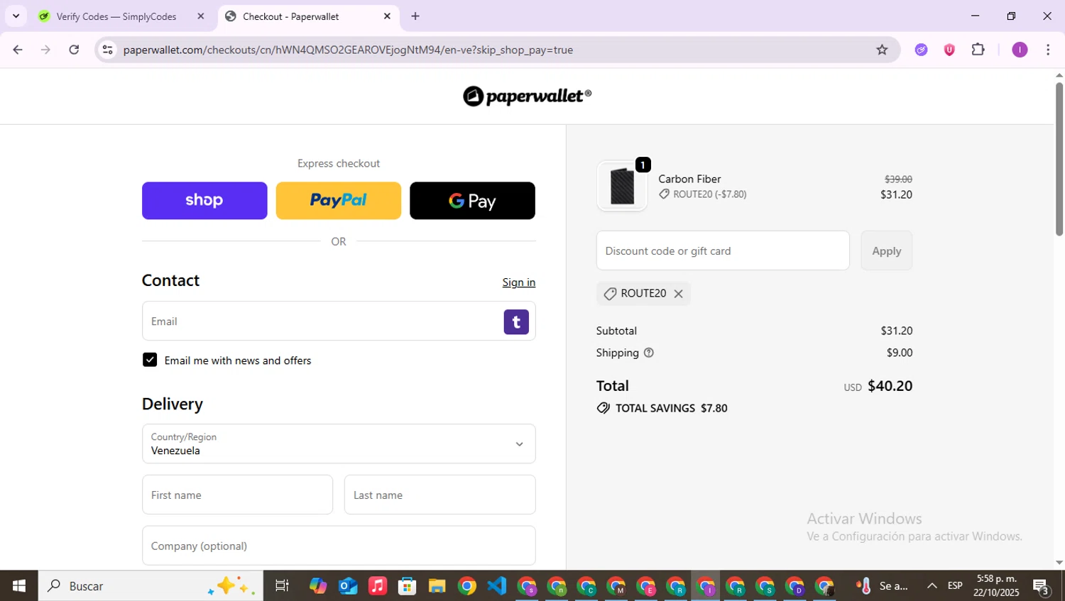 Paperwallet discount code screenshot showing code ROUTE20 applied at Paperwallet checkout page. Uploaded by SimplyCodes community member RebateAce6764 on Oct 22, 2025