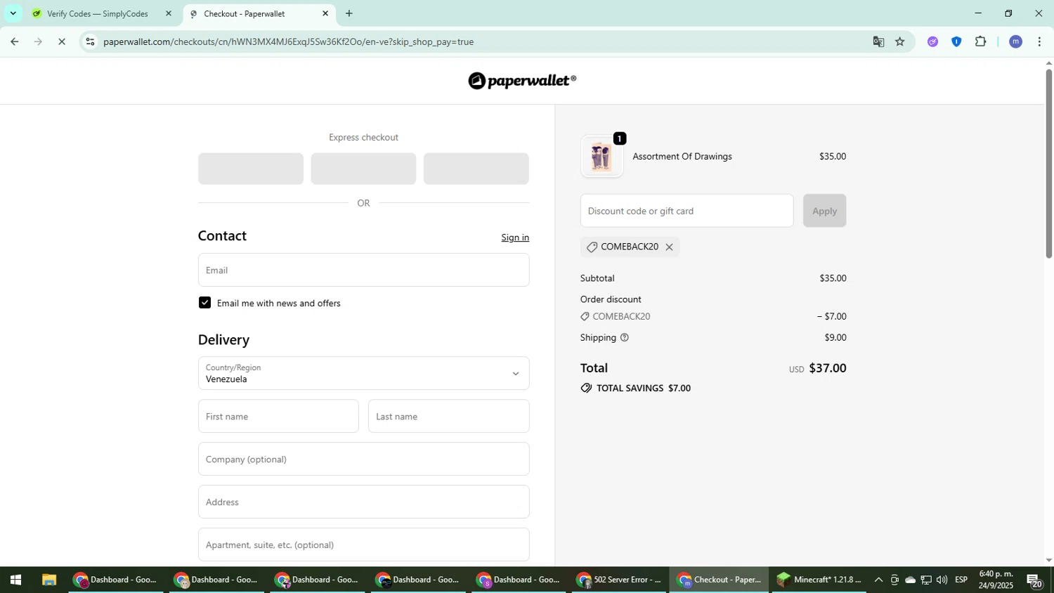 Paperwallet discount code screenshot showing code comeback20 applied at Paperwallet checkout page. Uploaded by SimplyCodes community member QuestDefender2661 on Sep 24, 2025