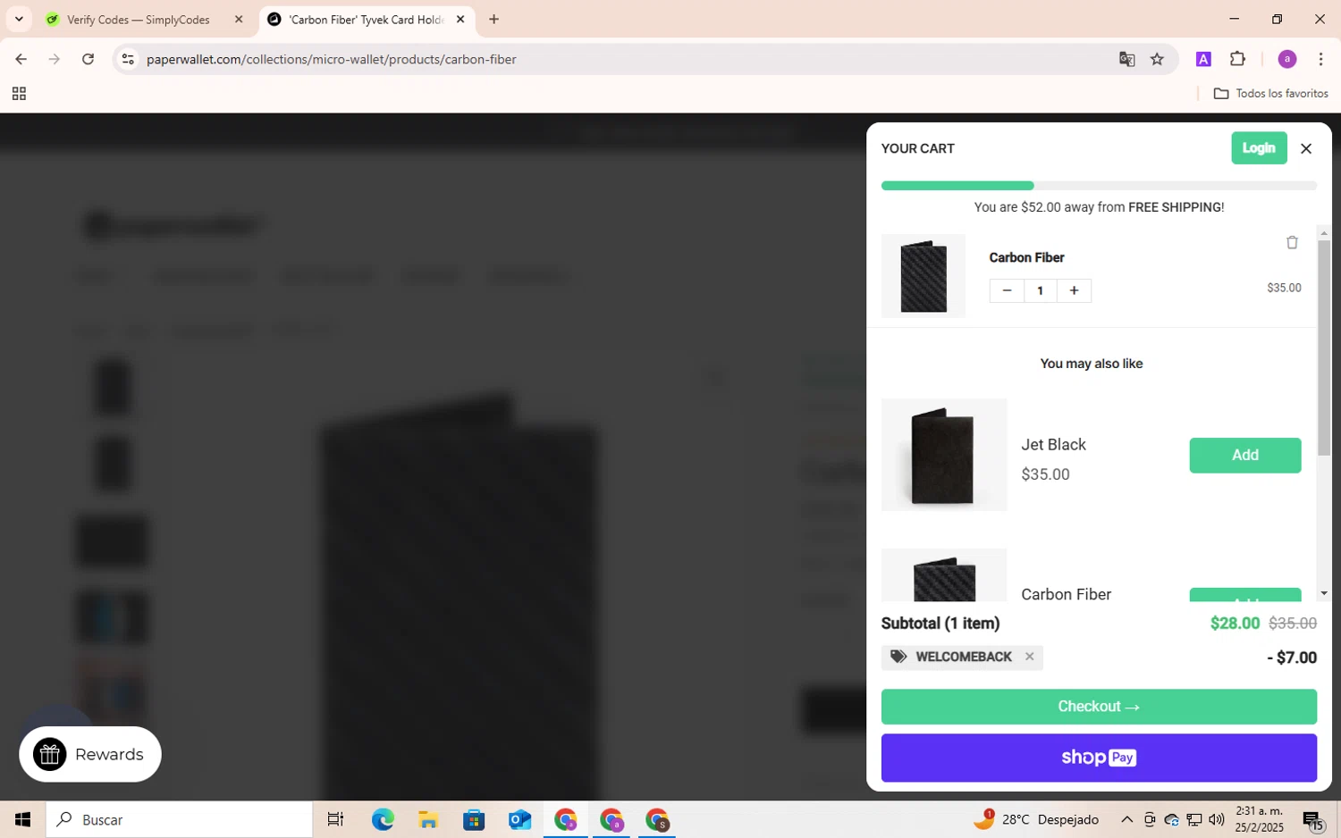 Paperwallet discount code screenshot showing code WELCOMEBACK applied at Paperwallet checkout page. Uploaded by SimplyCodes community member Andygar on Feb 25, 2025