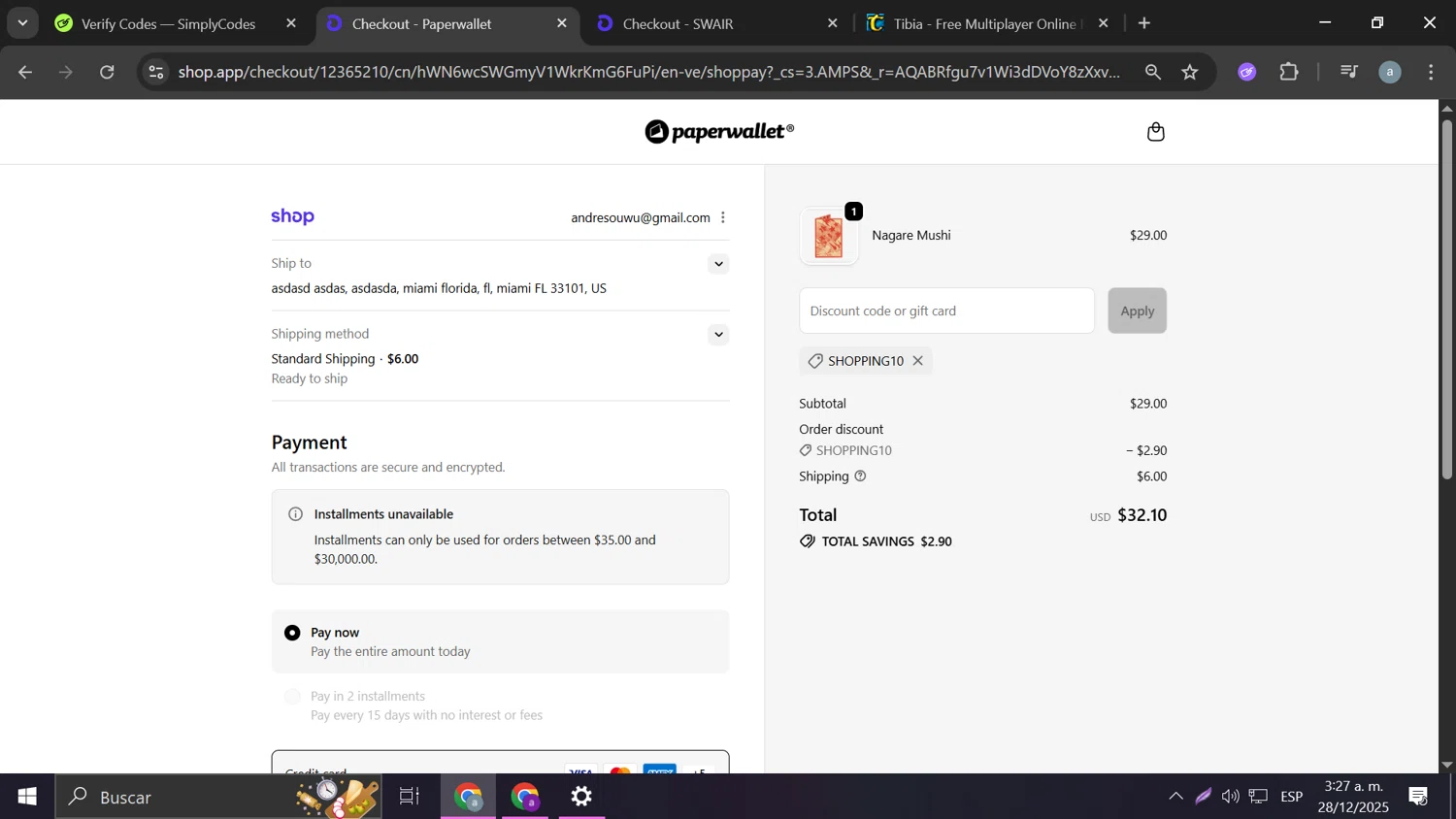 Paperwallet discount code screenshot showing code SHOPPING10 applied at Paperwallet checkout page. Uploaded by SimplyCodes community member Frizk_1 on Dec 28, 2025