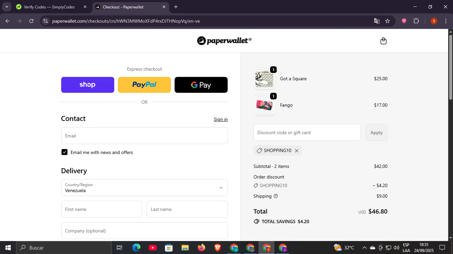 Paperwallet discount code screenshot showing code SHOPPING10 applied at Paperwallet checkout page. Uploaded by SimplyCodes community member Scottcawthon on Sep 24, 2025