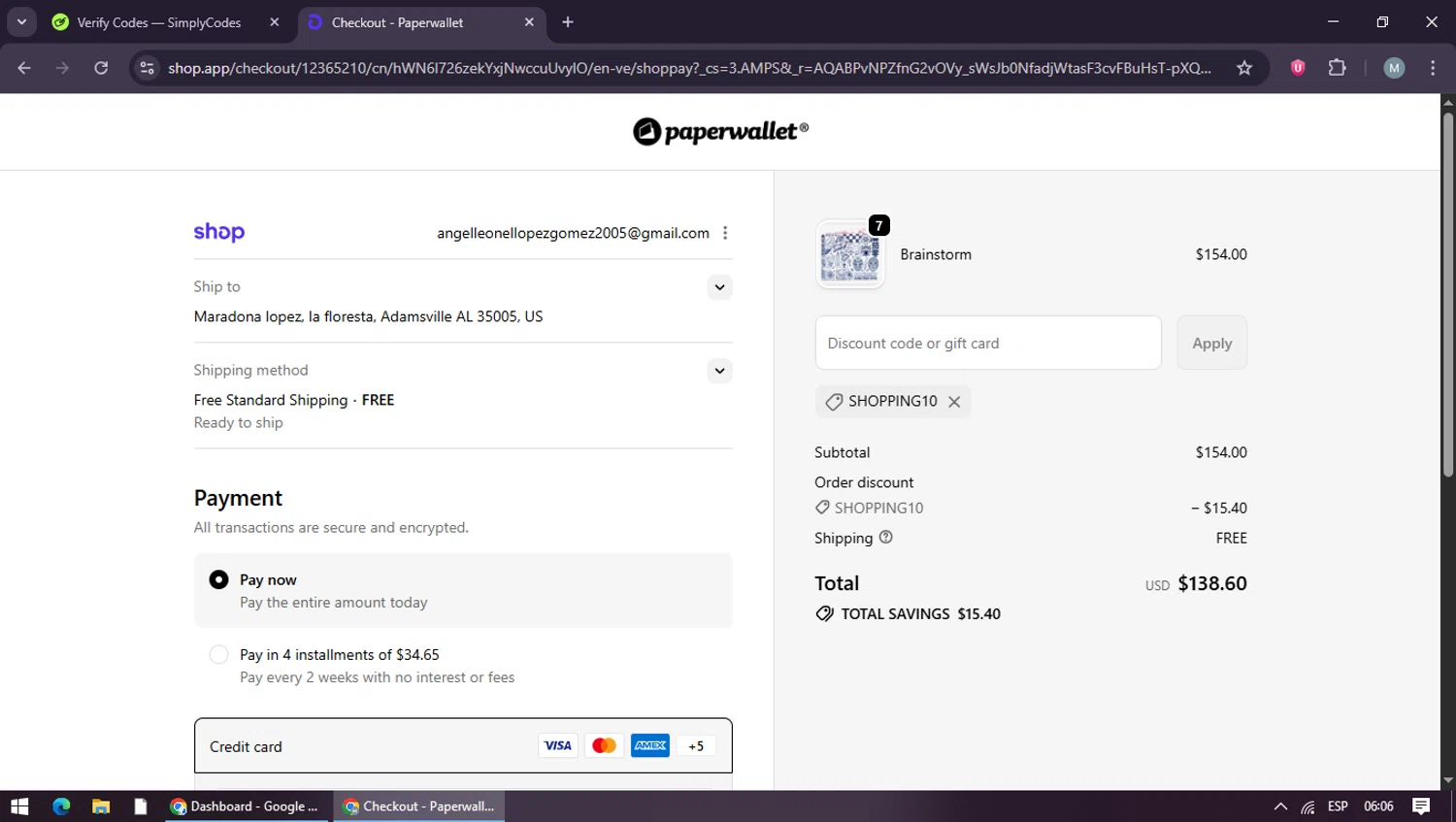 Paperwallet discount code screenshot showing code SHOPPING10 applied at Paperwallet checkout page. Uploaded by SimplyCodes community member maraxo on Dec 23, 2025