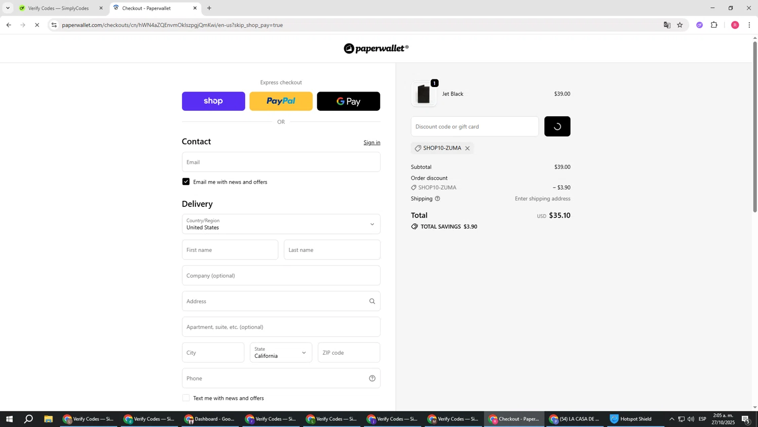 Paperwallet discount code screenshot showing code SHOP10-ZUMA applied at Paperwallet checkout page. Uploaded by SimplyCodes community member TTTT55 on Oct 27, 2025