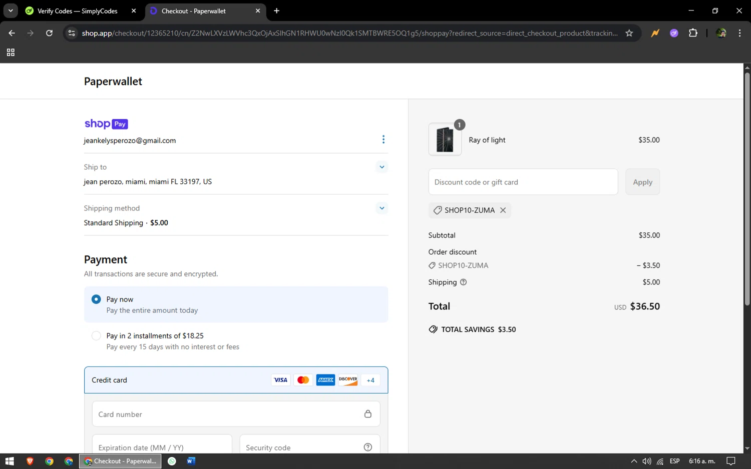 Paperwallet discount code screenshot showing code SHOP10-ZUMA applied at Paperwallet checkout page. Uploaded by SimplyCodes community member yonaiker on Jun 11, 2025