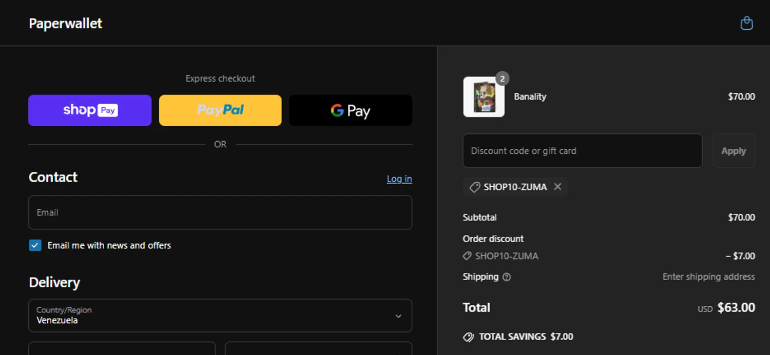 Paperwallet discount code screenshot showing code SHOP10-ZUMA applied at Paperwallet checkout page. Uploaded by SimplyCodes community member idkxxx on Jun 5, 2025