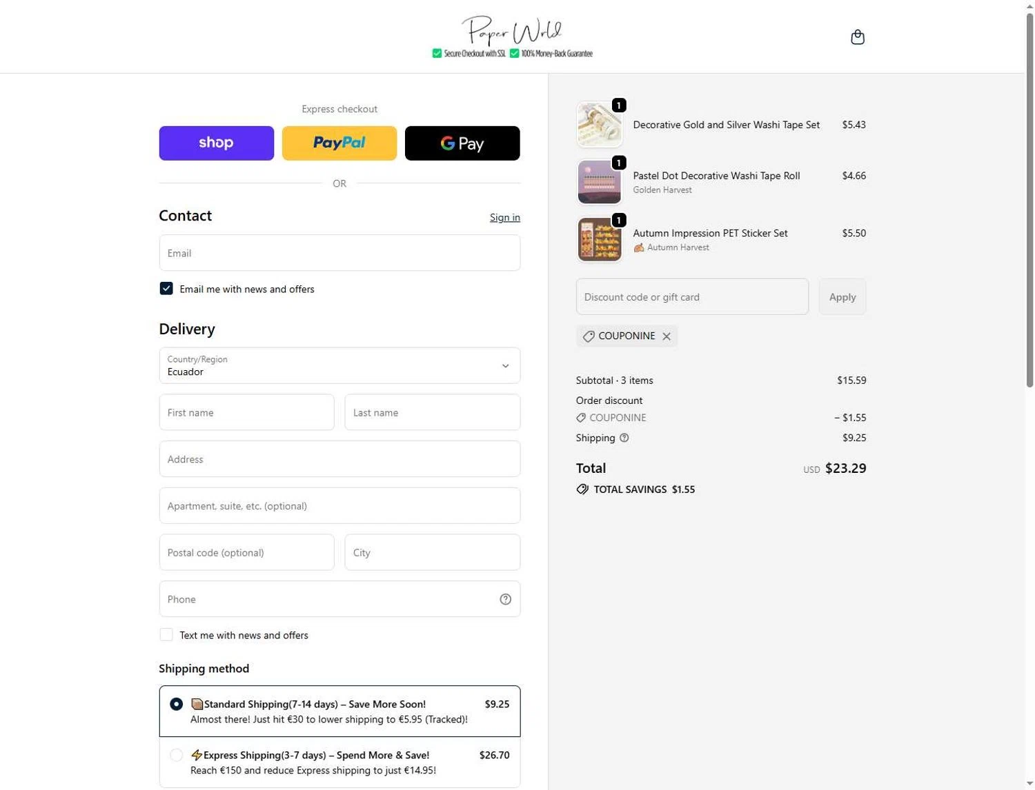 PaperWrld promo code screenshot showing code COUPONINE applied at PaperWrld checkout page. Uploaded by SimplyCodes community member Sksjsjss on May 31, 2026