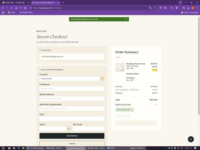Papier checkout page showing Papier promo code box | Screenshot taken by SimplyCodes community member on Sep 13, 2025
