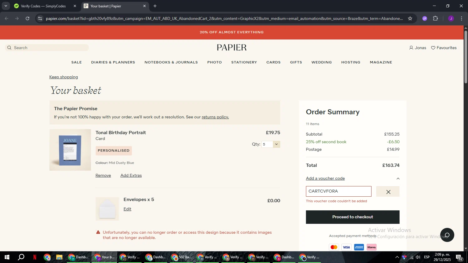 Papier promo code screenshot showing code CARTCVFORA applied at Papier checkout page. Uploaded by SimplyCodes community member ComeBurra123 on Dec 29, 2025