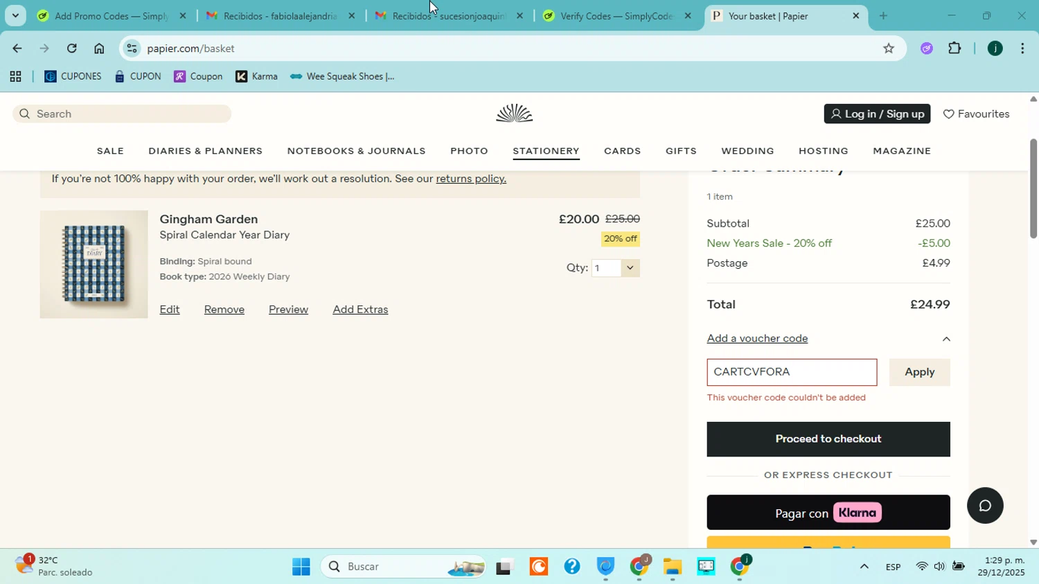 Papier promo code screenshot showing code CARTCVFORA applied at Papier checkout page. Uploaded by SimplyCodes community member jorgejavierherrera on Dec 29, 2025