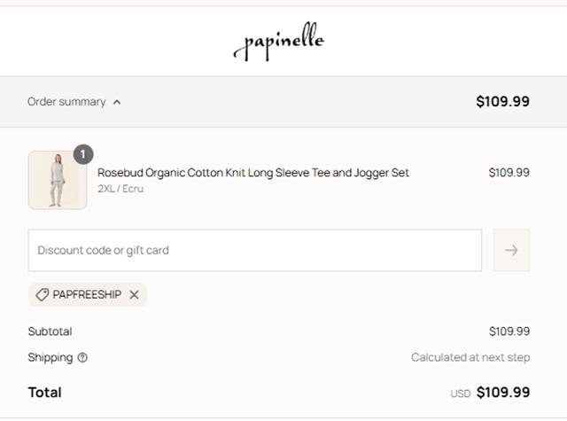 Papinelle checkout page showing Papinelle discount code box | Screenshot taken by SimplyCodes community member on Sep 12, 2025