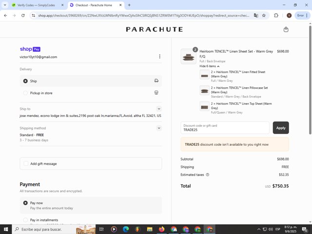 Parachute Home checkout page showing Parachute Home discount code box | Screenshot taken by SimplyCodes community member on Jun 10, 2025