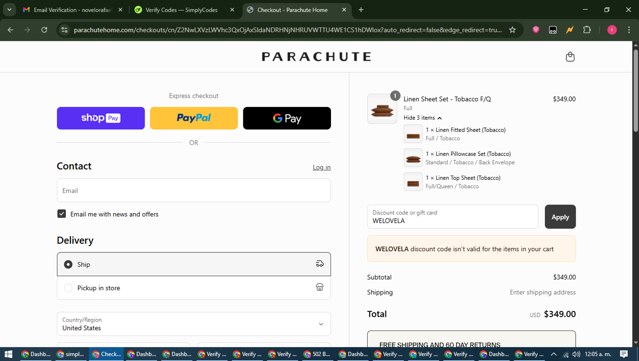 Parachute Home checkout page showing Parachute Home discount code box | Screenshot taken by SimplyCodes community member on Jun 5, 2025