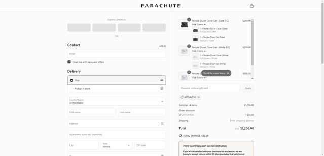 Parachute Home checkout page showing Parachute Home discount code box | Screenshot taken by SimplyCodes community member on Jun 3, 2025