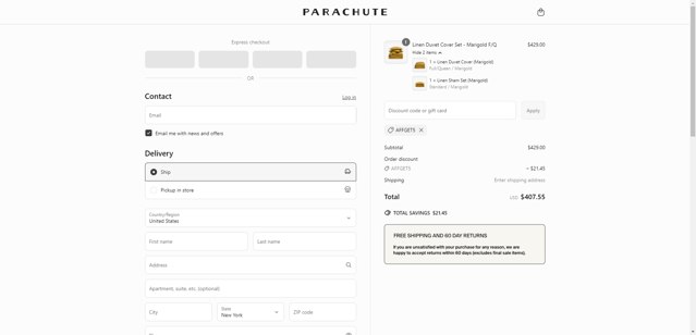 Parachute Home checkout page showing Parachute Home discount code box | Screenshot taken by SimplyCodes community member on Jun 8, 2025