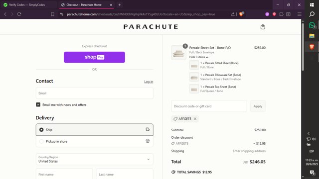 Parachute Home checkout page showing Parachute Home discount code box | Screenshot taken by SimplyCodes community member on Jun 28, 2025