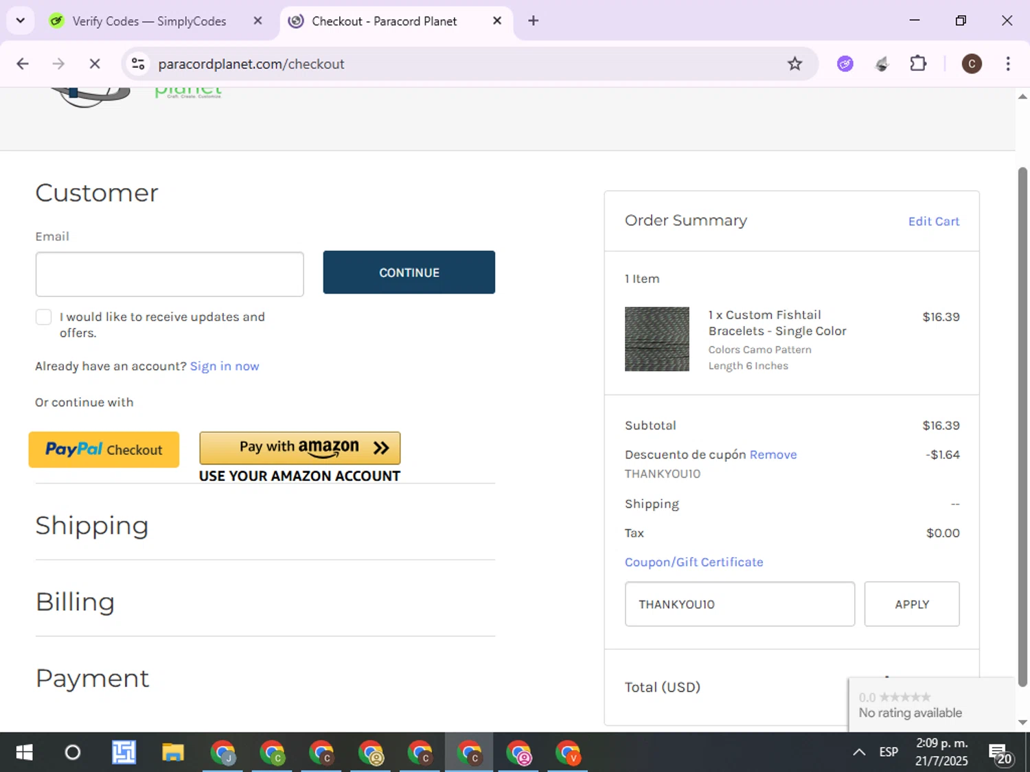 Paracord Planet coupon code screenshot showing code THANKYOU10 applied at Paracord Planet checkout page. Uploaded by SimplyCodes community member ExtraordinaryPro8536 on Jul 21, 2025