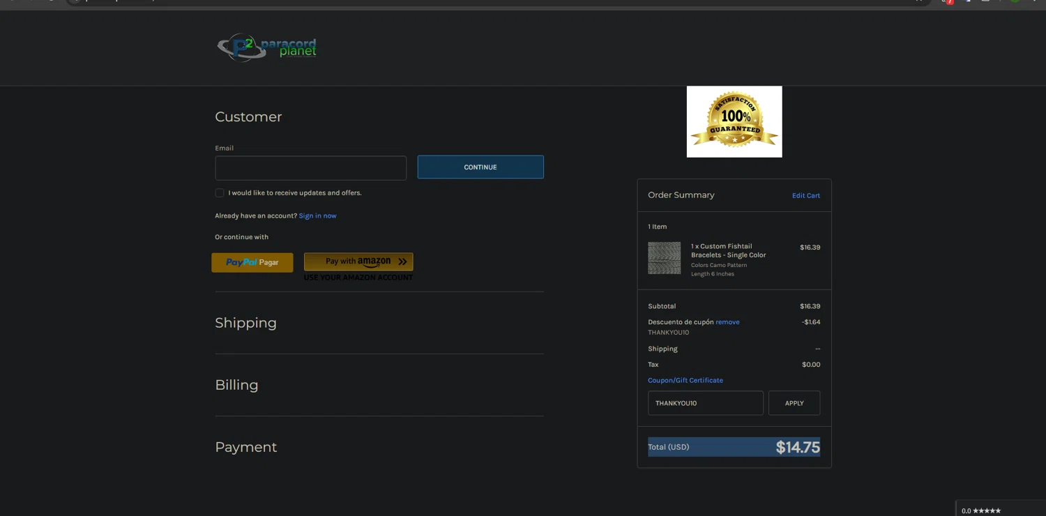 Paracord Planet coupon code screenshot showing code THANKYOU10 applied at Paracord Planet checkout page. Uploaded by SimplyCodes community member yunexxx on Jan 2, 2025