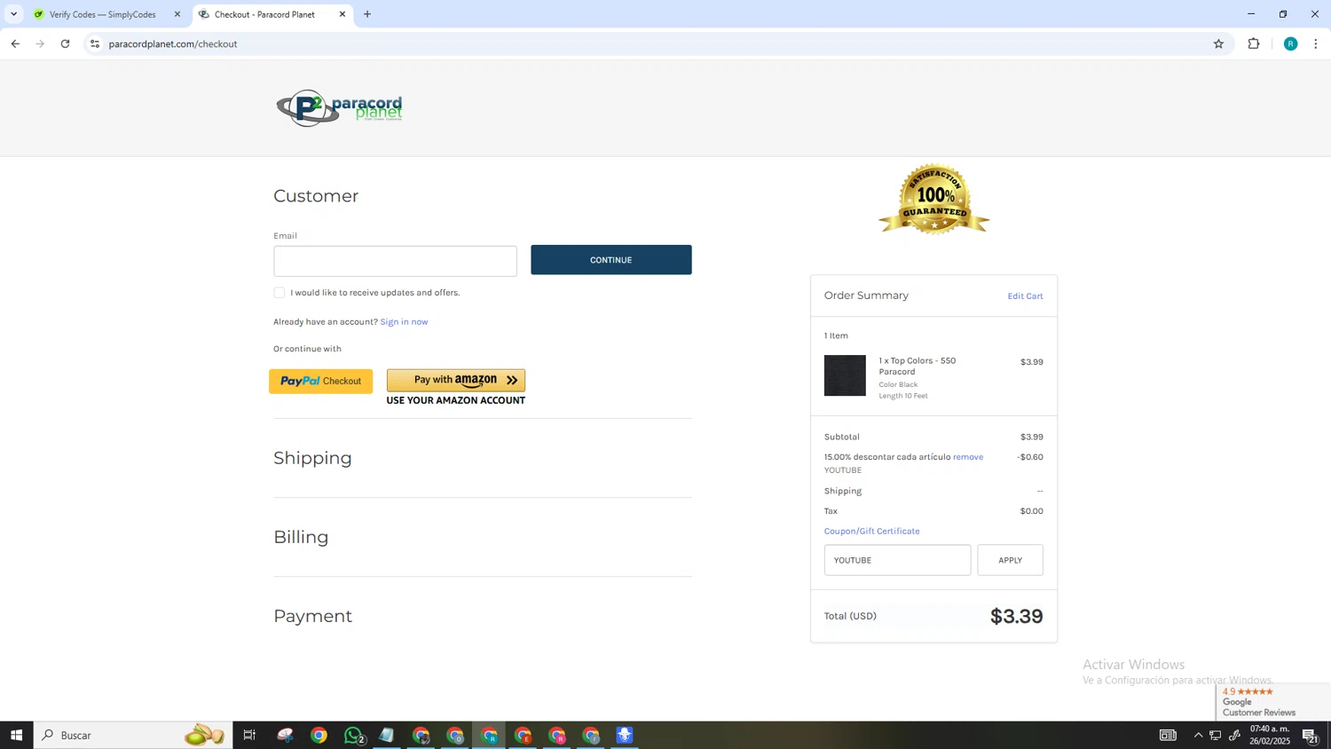 Paracord Planet coupon code screenshot showing code YOUTUBE applied at Paracord Planet checkout page. Uploaded by SimplyCodes community member SmartGenius3209 on Feb 26, 2025