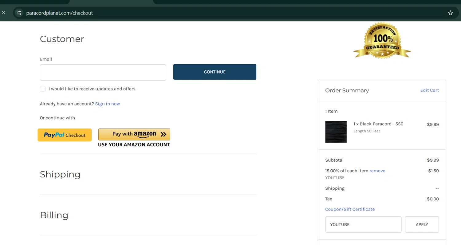 Paracord Planet coupon code screenshot showing code YOUTUBE applied at Paracord Planet checkout page. Uploaded by SimplyCodes community member enzoonova on Apr 11, 2025