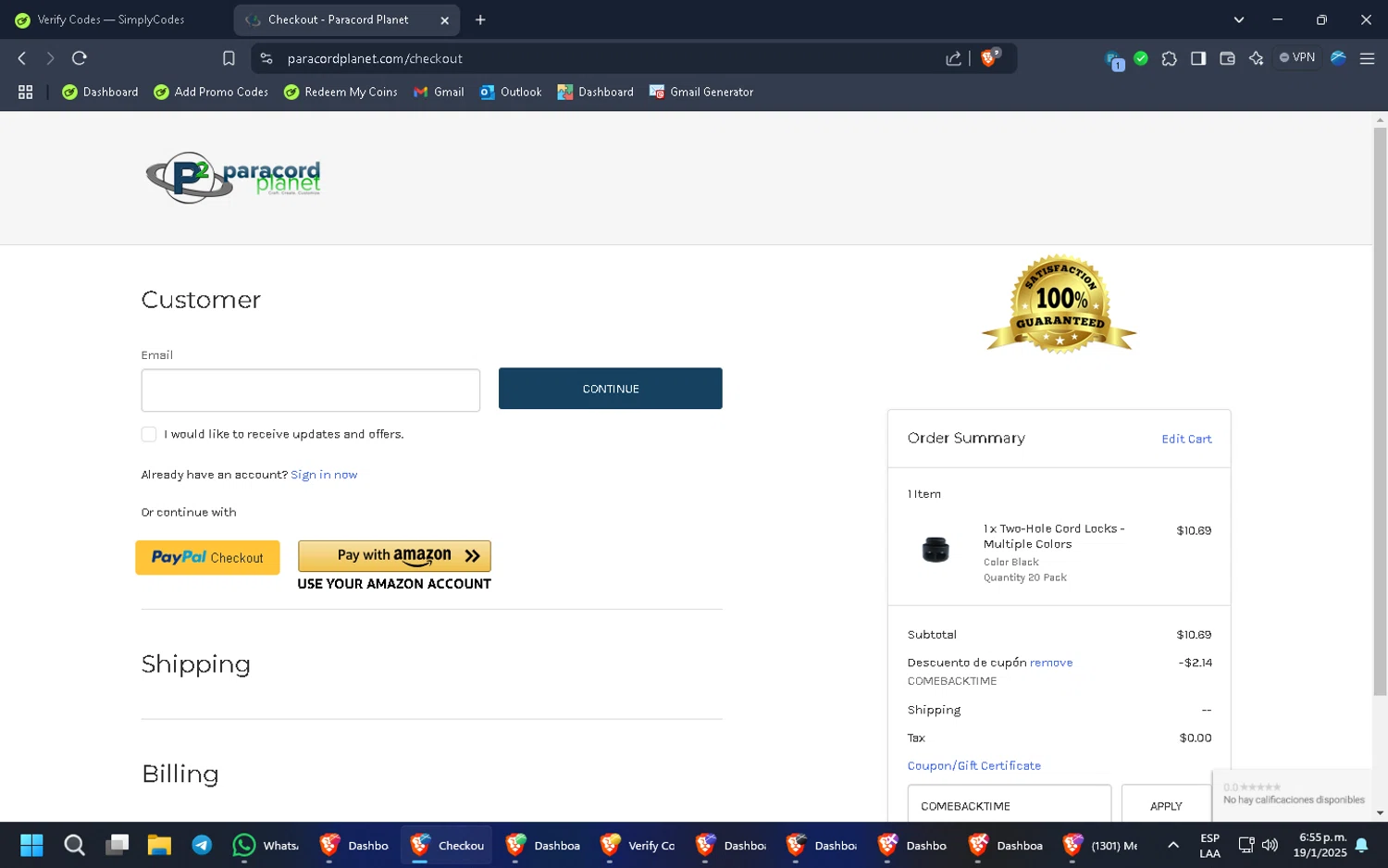 Paracord Planet coupon code screenshot showing code COMEBACKTIME applied at Paracord Planet checkout page. Uploaded by SimplyCodes community member HugoChavez1 on Jan 19, 2025