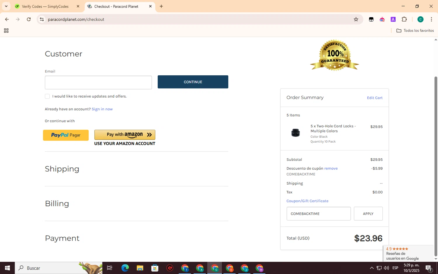 Paracord Planet coupon code screenshot showing code COMEBACKTIME applied at Paracord Planet checkout page. Uploaded by SimplyCodes community member EpicSpotter3493 on Mar 10, 2025