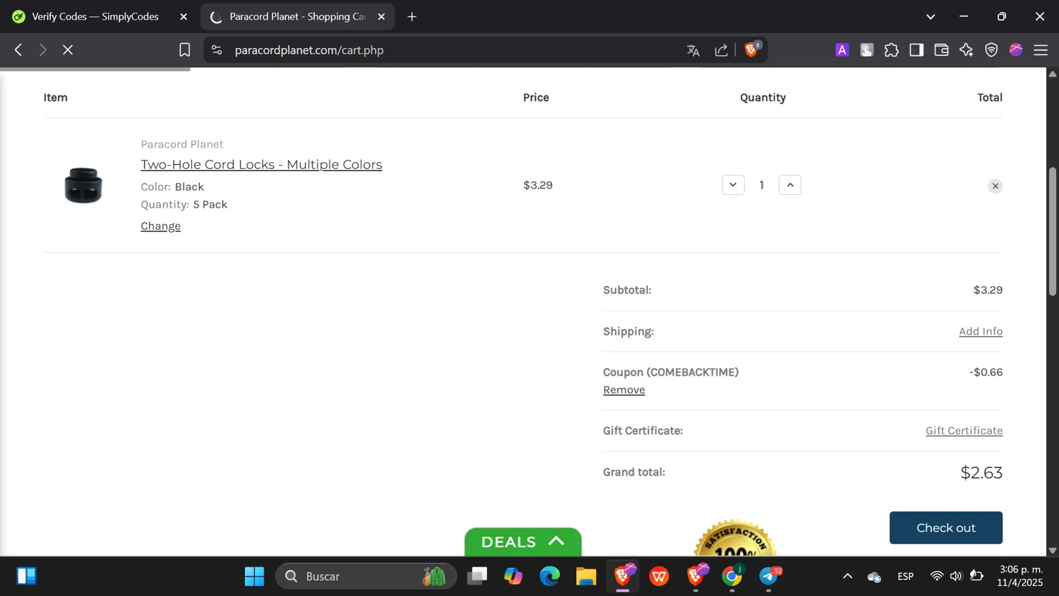 Paracord Planet coupon code screenshot showing code COMEBACKTIME applied at Paracord Planet checkout page. Uploaded by SimplyCodes community member hanzell2 on Apr 11, 2025