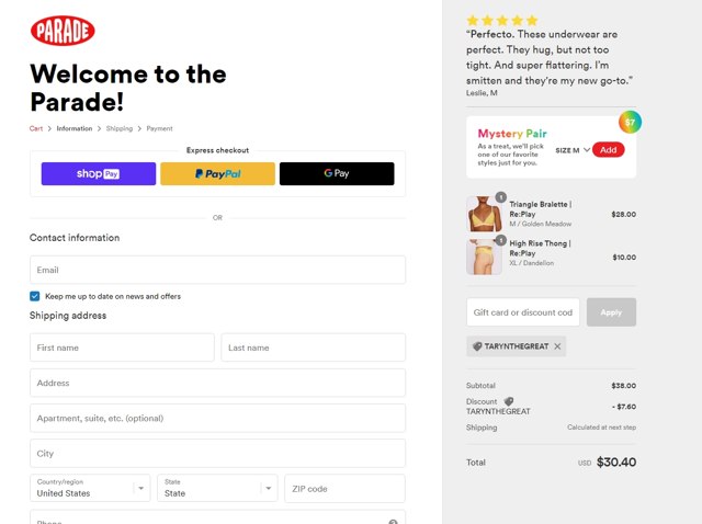 Parade checkout page showing Parade discount code box | Screenshot taken by SimplyCodes community member on Aug 17, 2021