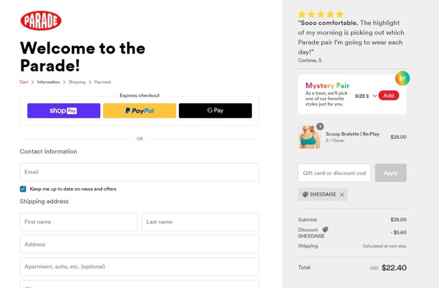 Parade checkout page showing Parade discount code box | Screenshot taken by SimplyCodes community member on Jul 19, 2021