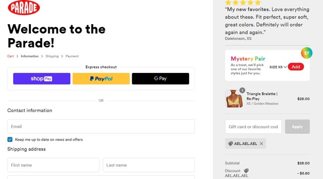 Parade checkout page showing Parade discount code box | Screenshot taken by SimplyCodes community member on Aug 17, 2021