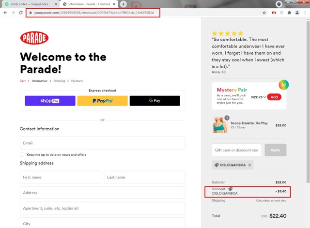 Parade checkout page showing Parade discount code box | Screenshot taken by SimplyCodes community member on Jul 19, 2021