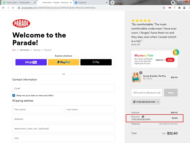 Parade checkout page showing Parade discount code box | Screenshot taken by SimplyCodes community member on Jul 19, 2021