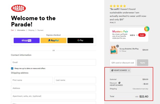 Parade checkout page showing Parade discount code box | Screenshot taken by SimplyCodes community member on Jul 19, 2021