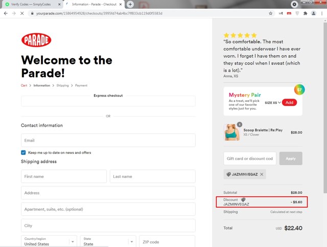 Parade checkout page showing Parade discount code box | Screenshot taken by SimplyCodes community member on Jul 19, 2021