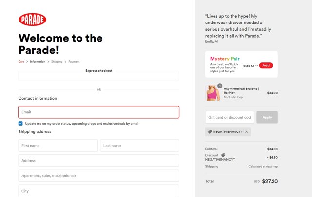 Parade checkout page showing Parade discount code box | Screenshot taken by SimplyCodes community member on Jul 19, 2021