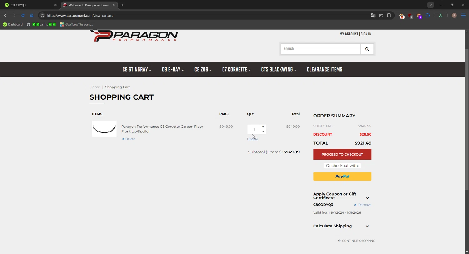 Paragon Performance coupon code screenshot showing code C8CODYQ3 applied at Paragon Performance checkout page. Uploaded by SimplyCodes community member CrownPro3073 on Dec 14, 2025