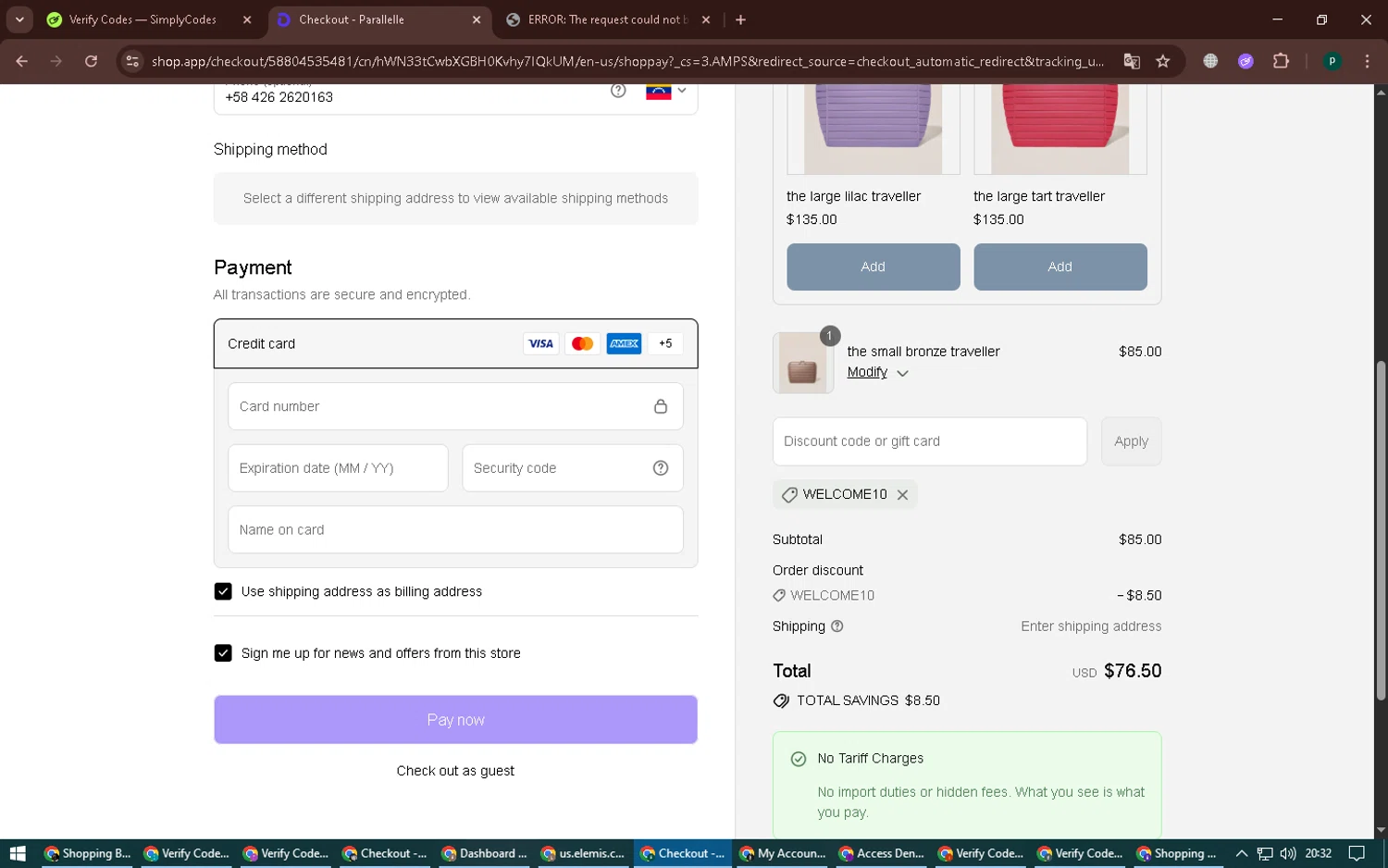 Parallelle discount code screenshot showing code WELCOME10 applied at Parallelle checkout page. Uploaded by SimplyCodes community member ExtraordinaryVirtuoso6801 on Sep 17, 2025