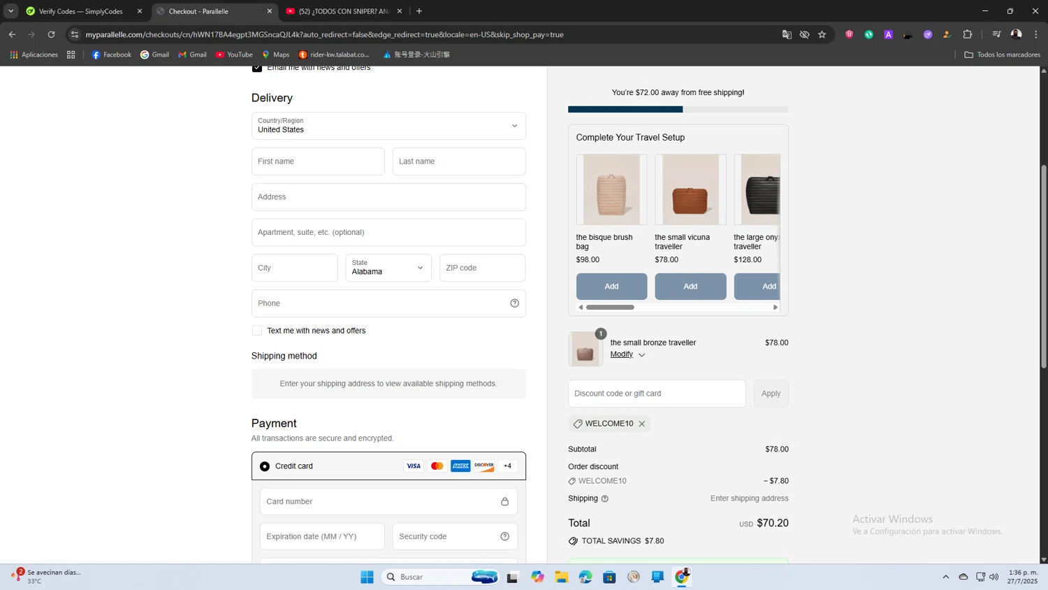 Parallelle discount code screenshot showing code WELCOME10 applied at Parallelle checkout page. Uploaded by SimplyCodes community member SaleScout3344 on Jul 27, 2025
