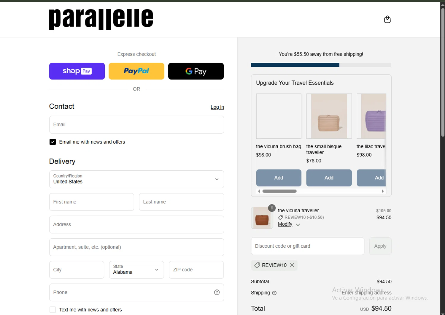 Parallelle discount code screenshot showing code REVIEW10 applied at Parallelle checkout page. Uploaded by SimplyCodes community member RoyalVirtuoso4479 on Jul 22, 2025