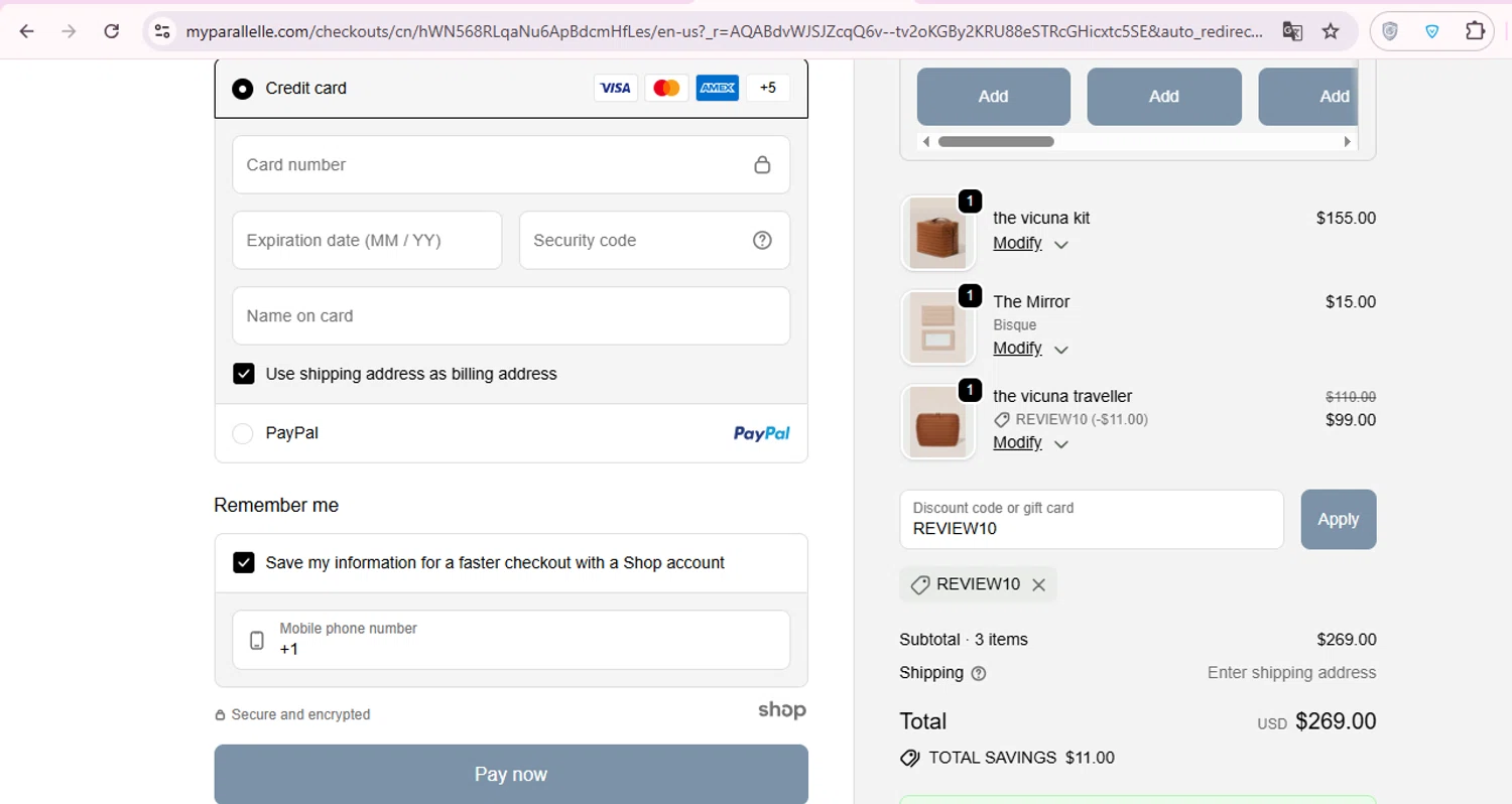 Parallelle discount code screenshot showing code REVIEW10 applied at Parallelle checkout page. Uploaded by SimplyCodes community member carol_lameda on Nov 9, 2025